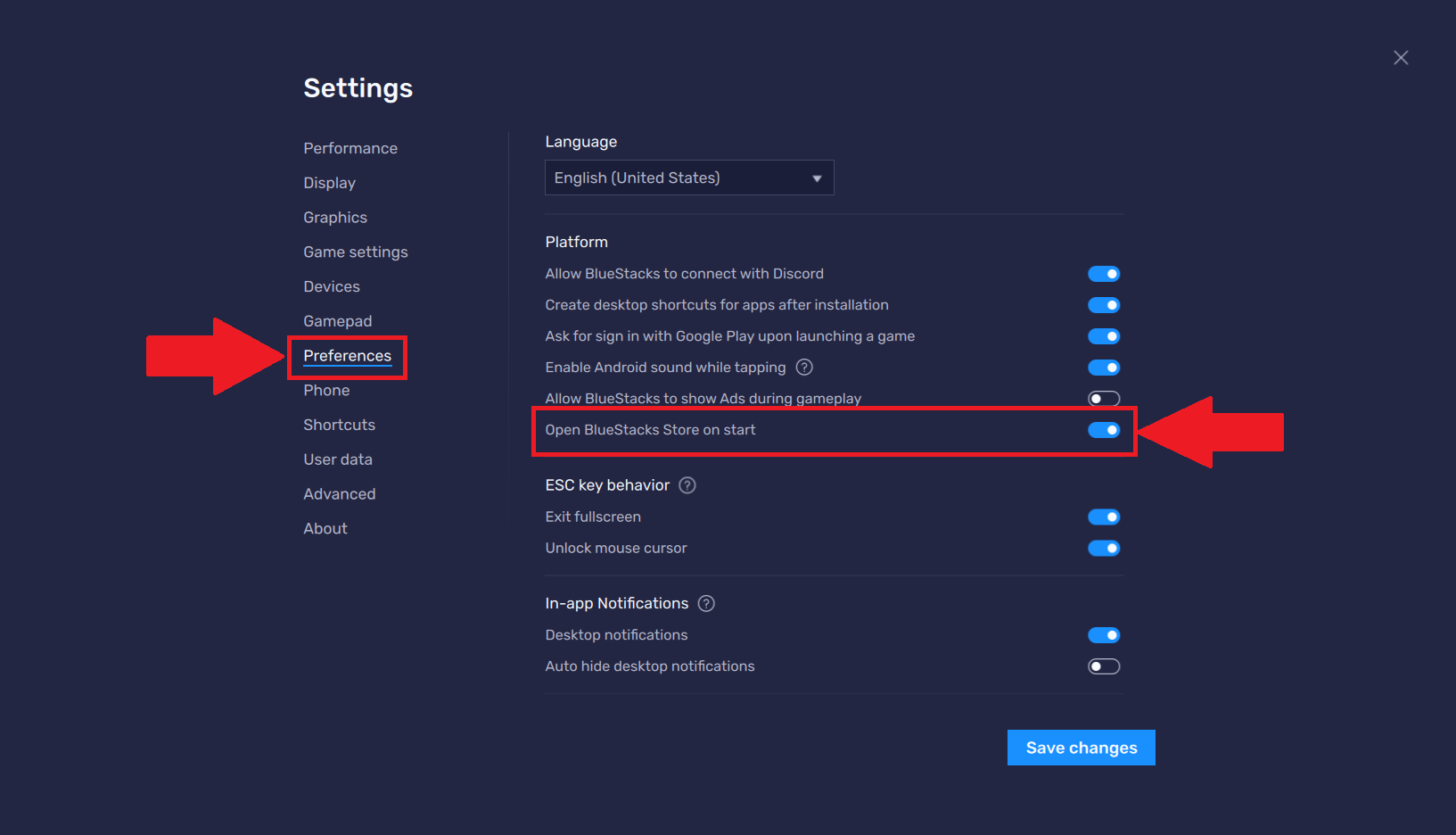 The "Open BlueStacks Store on start" setting under the "Preferences" tab is highlighted