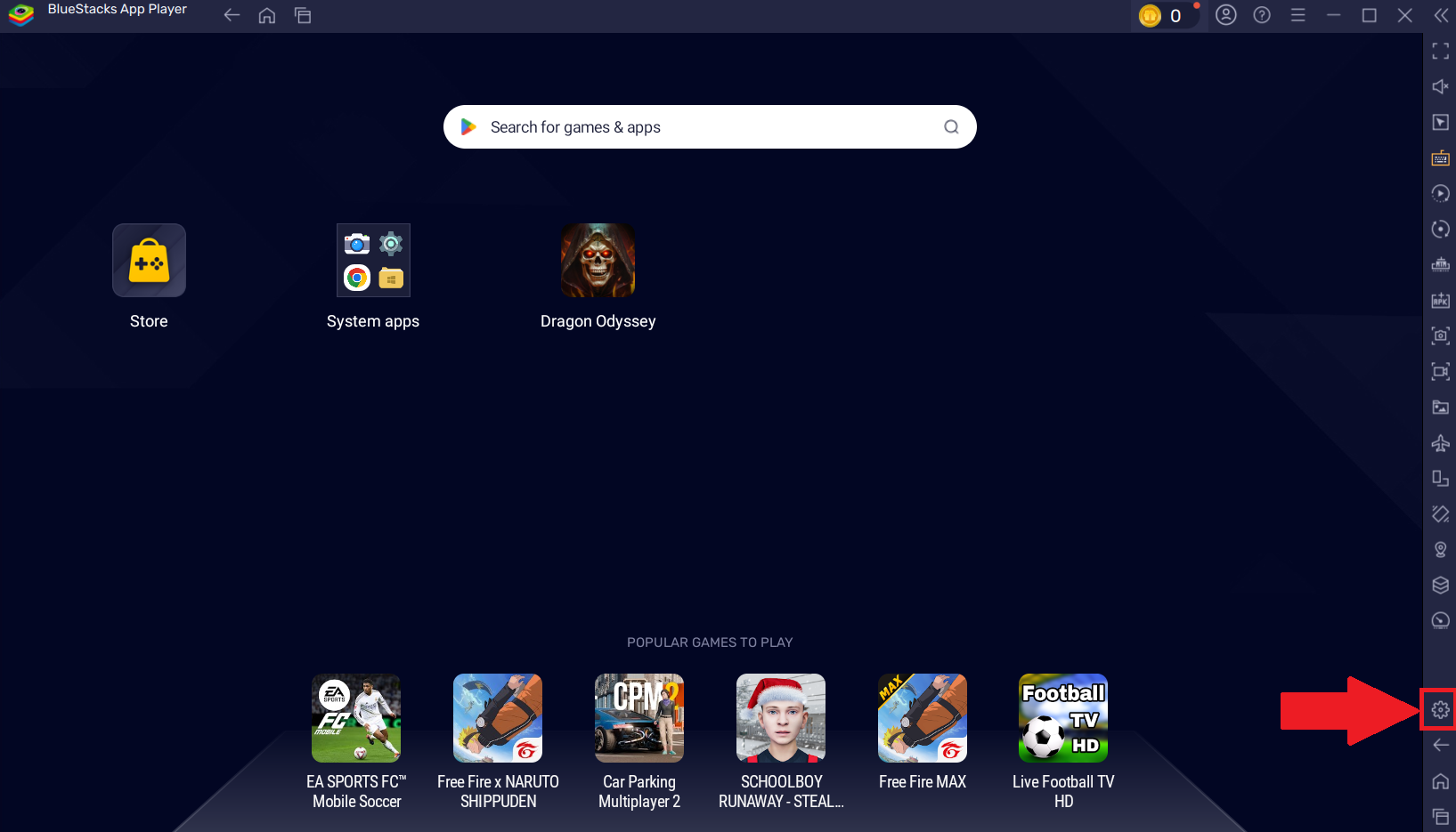 An arrow pointing to the cog wheel present on the BlueStack's right-side toolbar