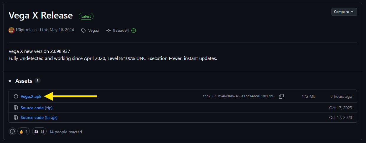 An arrow pointing to a file named Vega-X.apk in the GitHub releases page