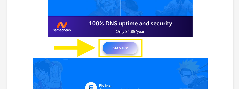 A blue "Step 0/2" button is visible after scrolling down on the keysystem website