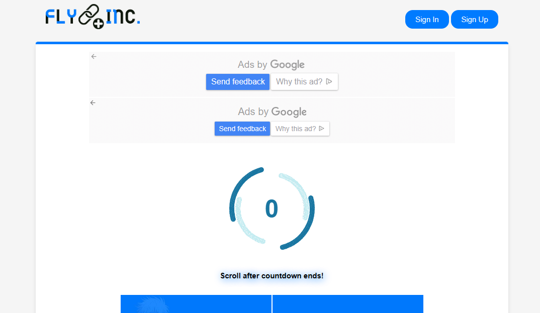 The keysystem website with a timer in the middle. The timer has reached 0, with the text "Scroll after countdown ends!" under it
