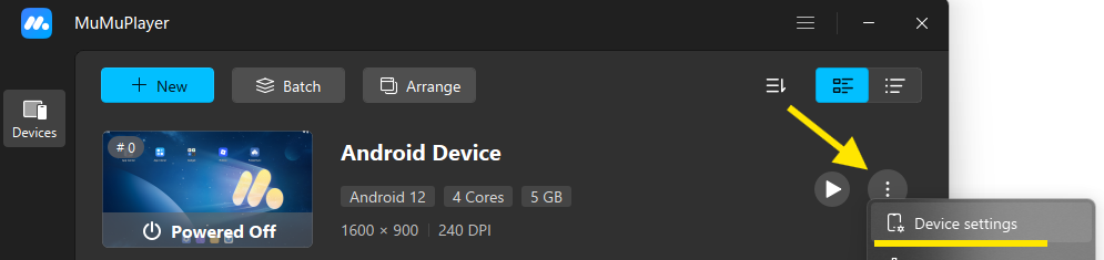 An arrow points to the three-dot menu button located on the right side of the selected emulator. When clicked, this button opens a dropdown menu with 'Device settings' highlighted as an option