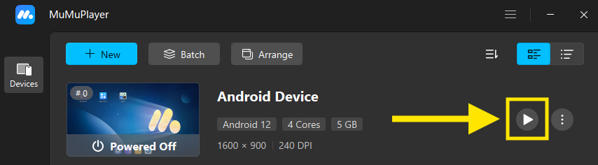 The Play button (triangle icon) next to the emulator instance is highlighted